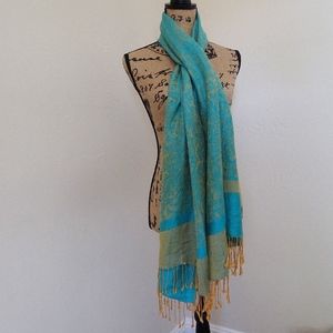 Turquoise Blue & Yellow Fringe Pashmina Scarf